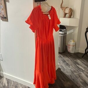 Patrizia Luca Vibrant Red-Orange Ruffle Maxi Dress